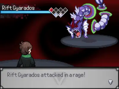 A screenshot showing a Gyarados with glowing red eyes. Also, its body is weaving through some portals.