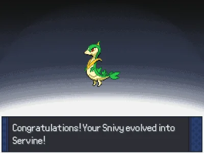A screenshot of Snivy evolving into Servine.