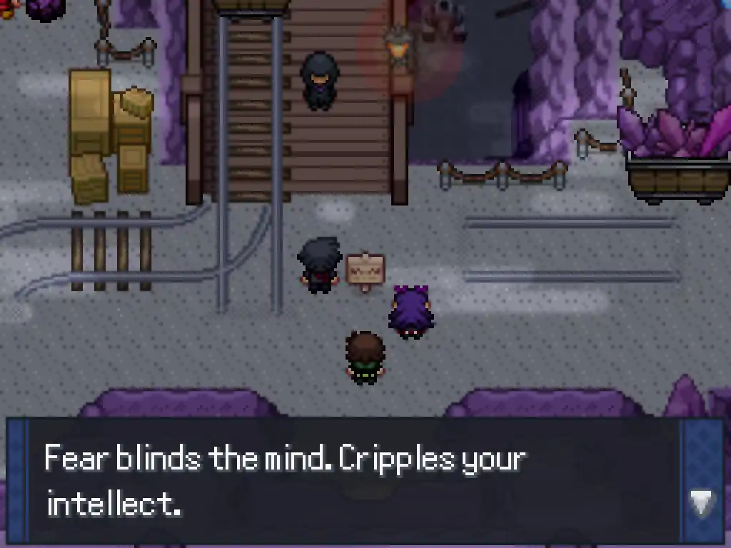 A screenshot of Pokemon Rejuvenation in which a cloaked figure is discussing fear.