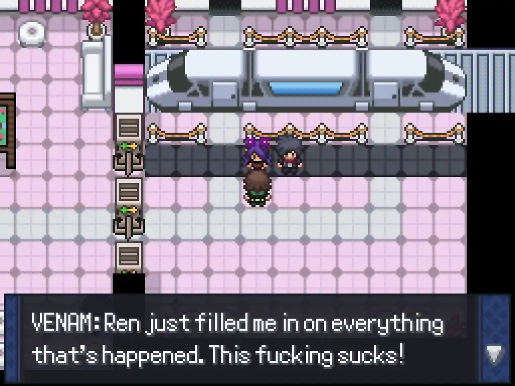 A screenshot of Pokemon Rejuvenation in which Venam is saying 'Ren just filled me in on everything that happened. This fucking sucks!'.