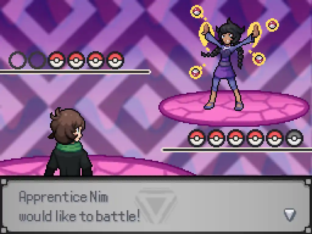 An image of Nim challenging me to a battle. She's using telekinesis to make her Poke Balls float!
