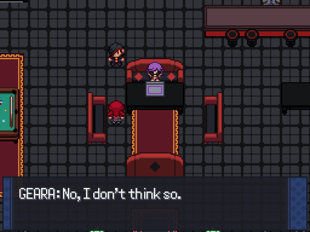 An image of Geara from Pokemon Rejuvenation replying 'No, I don't think so.'