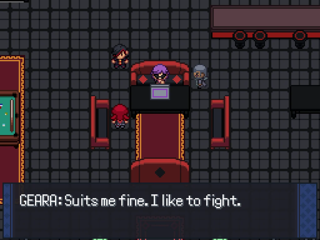 An image of Geara from Pokemon Rejuvenation saying 'Suits me fine. I like to fight.'