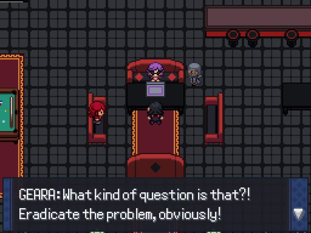 An image of Geara from Pokemon Rejuvenation saying 'Suits me fine. I like to fight.'
