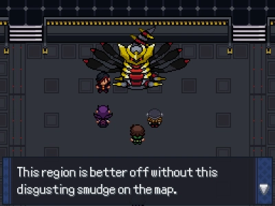 An image of Geara saying 'This region is better off without that disgusting smudge on the map.'