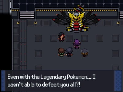 An image of Geara saying 'Even with the Legendary Pokemon... I wasn't able to defeat you all?!'.