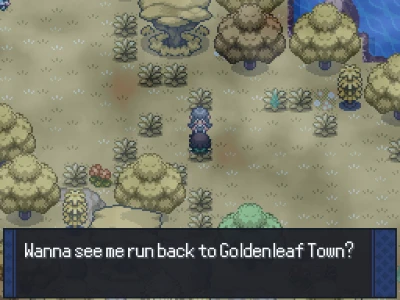 A trainer on Wispy Path saying 'Wanna see me run back to Goldenleaf Town?'