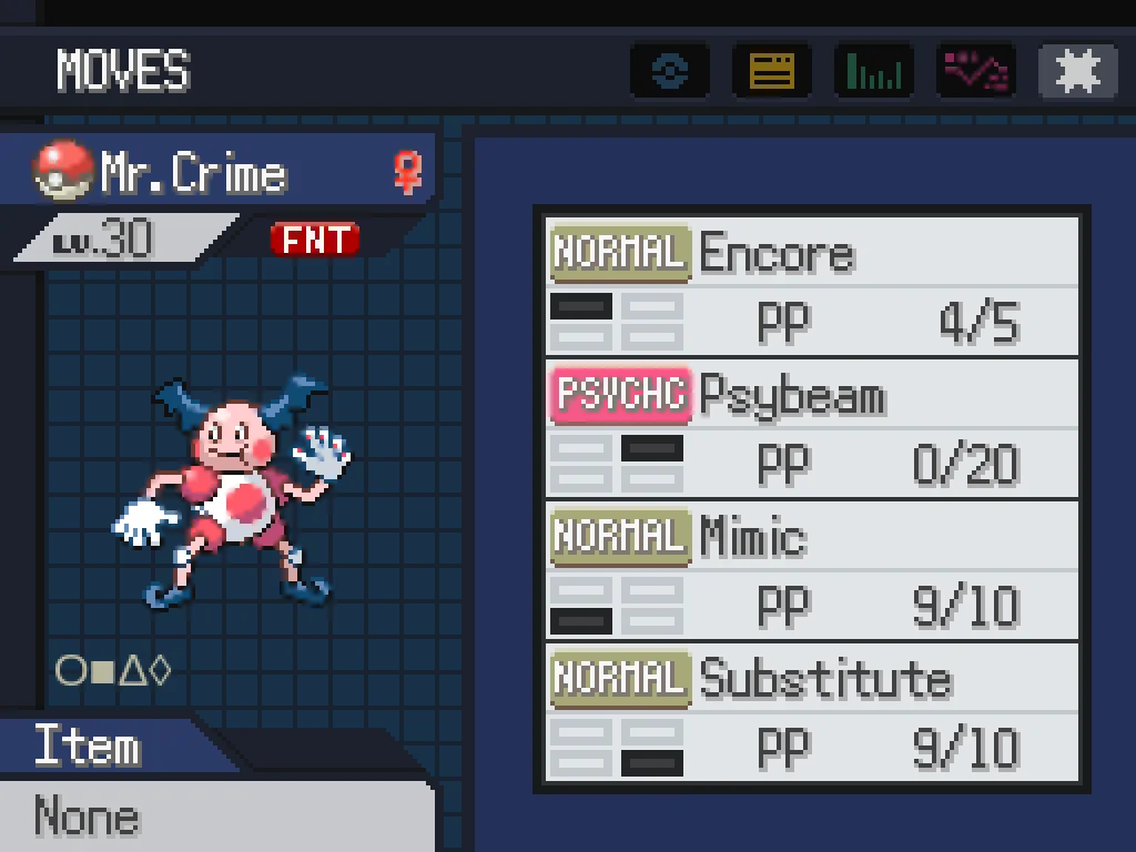 A Mr. Mime named Mr. Crime. His moves are Psybeam, Mimic, Substitute, and Encore.