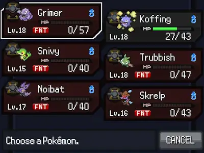 A screenshot of my party after defeating Venam. Everything except Koffing is KO'd.