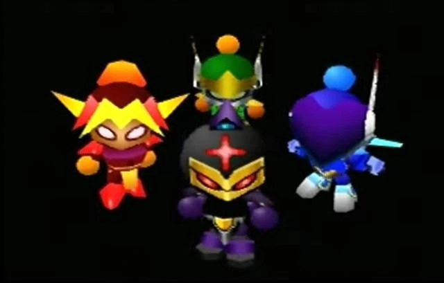 A screenshot from the opening of Bomberman 64 featuring Artemis, Orion, Regulus, and Altair.