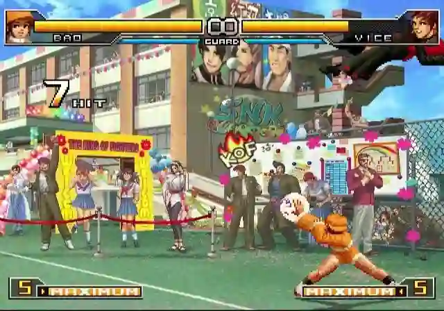 A screenshot from KOF 2002 showing Bao appearing to dab in the middle of a combo.