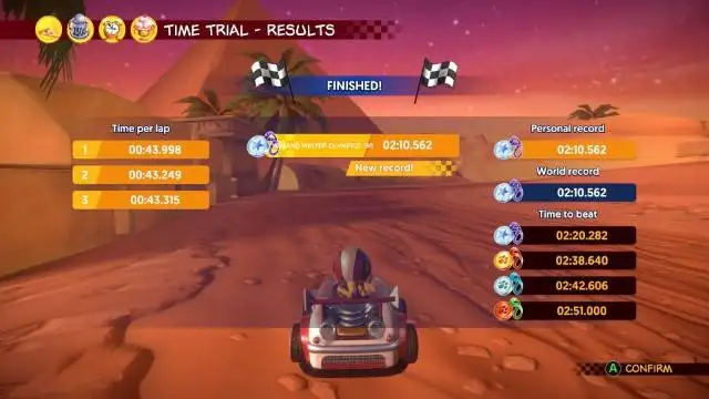 An image of Odie on the Mysterious Temple track in Garfield Kart: Furious Racing. The image shows that the time trial time of 2:10.562 is a world record.