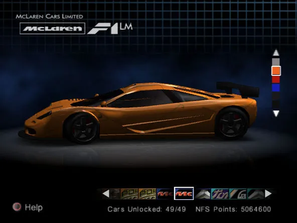 A screenshot from the game Need for Speed: Hot Pursuit 2 showing the McLaren F1 LM.