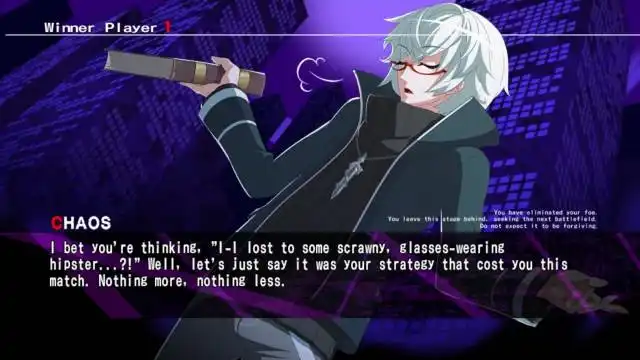 An image of Chaos from Under Night In-Birth. The dialogue box on screen shows him saying 'I bet you're thinking, 'I-I lost to some scrawny, glasses-wearing hipster...?!' Well, let's just say it was your strategy that cost you this match. Nothing more, nothing less.'