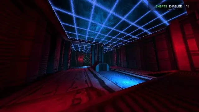 An image a room with red lighting and a blue glass ceiling.