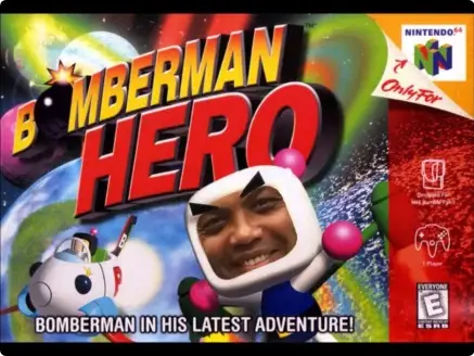 An image of the Bomberman Hero box art with Charles Barkley's face replacing Bomberman's.