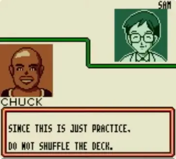 An screenshot of the screen before a duel in Pokemon TCG for the Game Boy Color. The player's name is Chuck and his icon is Charles Barkley.