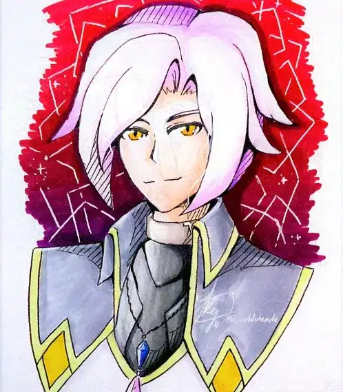 a smug young man dressed in a white and gold coat.