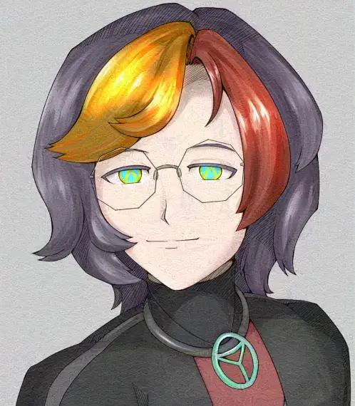 Image of a character with nonagon-shaped glasses and hair with brass and gold accents.