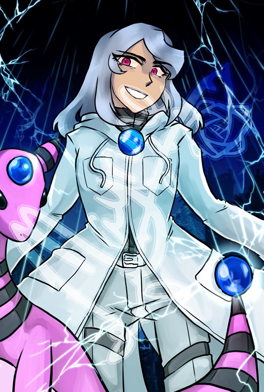 An illustration of Kaeru. In the foreground, taking up the bottom left of the image, there's a shiny Ampharos.
								Its tail extends to the other side of the image, and there are sparks of lighting flying from the blue orb. Kaeru stands behind it,
								looking down on the viewer with a confident grin and mocking eyes. He has light siver hair that reachs down just past his shoulder
								nd striking magenta eyes. His irises have a pattern that's reminiscent of raindrops falling into water. He's wearing a long white coat with a hood.
								There's a blue orb on the chest of his coat where the two halves come together. Under that, he's wearing a black zip up sweater, which is tucked into a pair
								of white pants. There's a decorative black belt on each leg around his thigh. He has his arms spread down to his side, as though he's inviting the viewer to
								challenge him, while a thunderstorm rages on behind him.