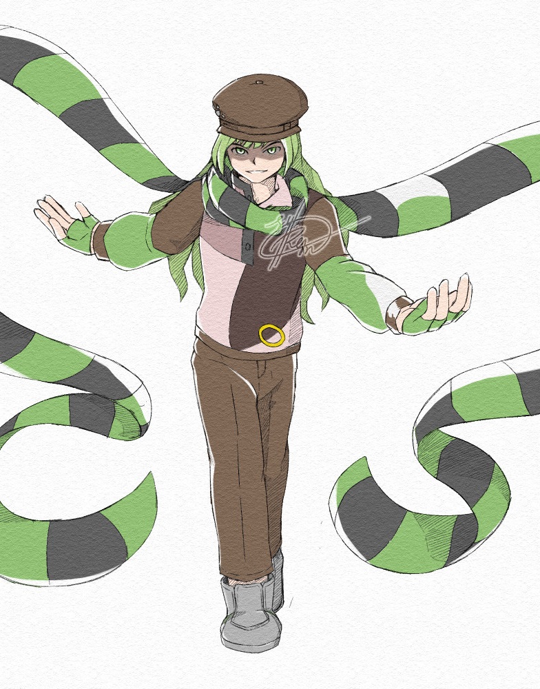My Pokemon OC, Makia Lymantria. His outfit consists of mostly brown and tan clothes with some green highlights. He's wearing a brown newsboy cap with a gym badge pinned to it and stepping forward with a sinister look. His green and black striped scarf is trailing behind him, forming a shape like a moth's wings.