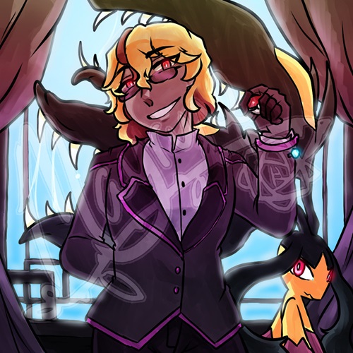 A full color illustration of a Pokemon OC. He has golden blonde hair with a stripe of dark pink above his left eye.
								His eyes are a bright reddish-pink, and below them, he has a pair of narrow oval-shaped glasses in the same color. He's wearing a dark purple suit jacket.
								The lapels and yokes are a slightly darker shade of purple and feature magenta trim. The bottom edges of the jacket and the sleeves also have the same style of trim.
								Below that jacket, he has a lavender button-up shirt. He's holding a Poke Ball in his left hand and his right hand is behind his back.
								The button on his left sleeve is very shiny (because it's actually a Mega Stone).
								Behind him, a Mega Mawile stands with her jaws partially obscured by the man. She's glancing at the camera with glowing eyes, almost like she's
								watching to strike if need be. A lot of light is coming in from a large window behind the duo.